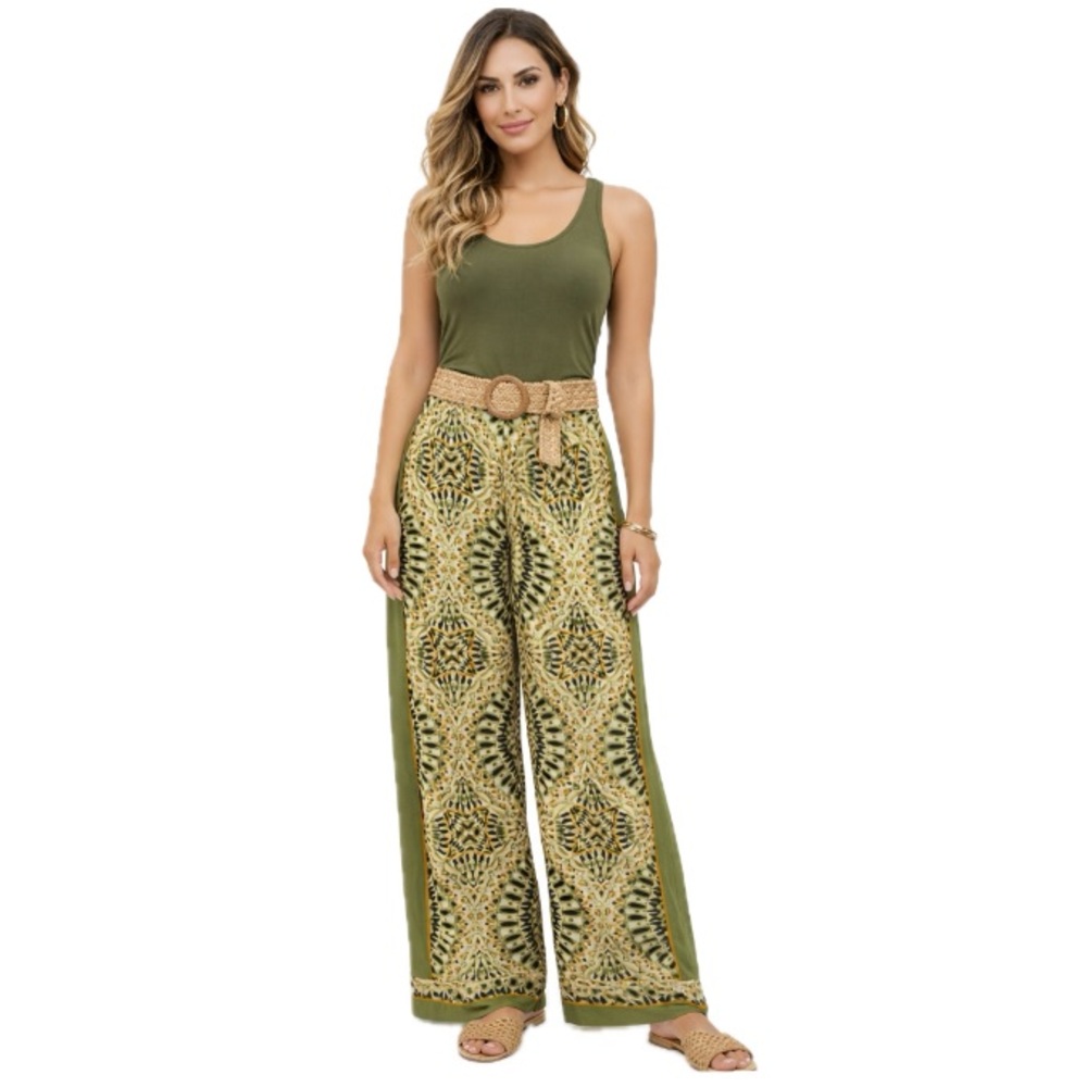 Rose & Olive Green and Beige Wide-Leg pants, Size L EUC